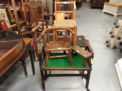 Lot 875 - Small oak rustic stool ,two childs chairs, and oak folding tea trolley