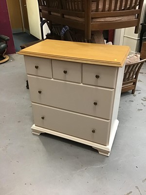 Lot 888 - Contemporary white painted chest of three short and two long draws with light oak top, purchased from Hatfields, Colchester at a cost of £769.00, 88cm x 48cm x 95cm together with a matching wardrob...