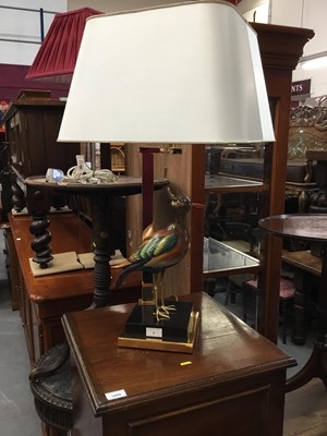 Lot 7 - Decorative table lamp with enamelled bird mount and white shade