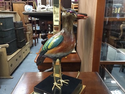 Lot 7 - Decorative table lamp with enamelled bird mount and white shade