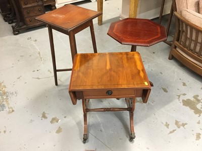 Lot 879 - Reproduction Yew Wood drop leaf occasional table together with an inlaid Octogonal occasional table and an Edwardian occasional table (3)