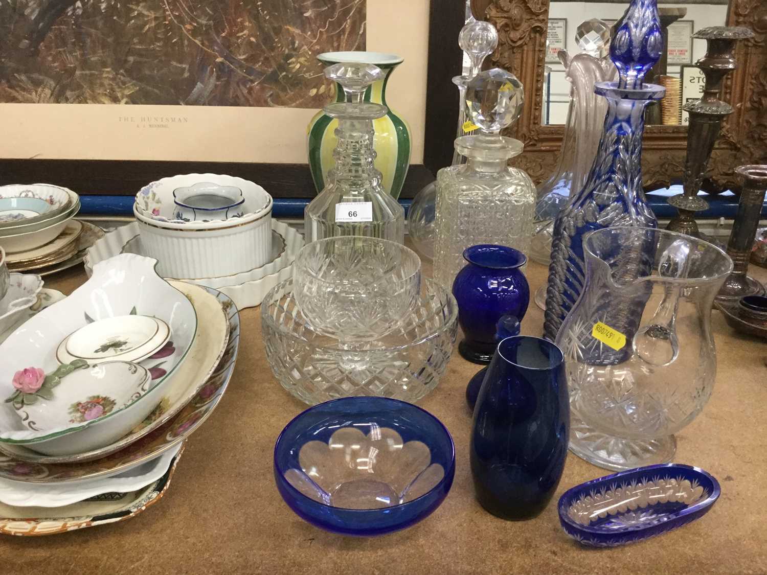 Lot 66 - Mixed group of 19th century and later ceramics to include English teaware, blue glass and other decanters