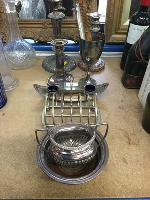 Lot 67 - Silver whiskey decanter label, three piece silver dressing table set, Old Sheffield plate and other silver plated items