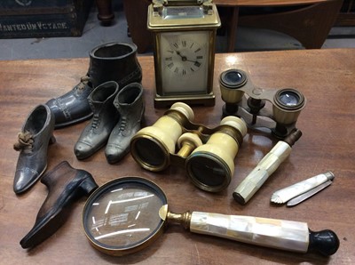 Lot 465 - Pair of late Victorian ivory and brass opera glasses engraved 'Mrs Elliot, Exeter 1880', brass cased carriage clock, silver and mother of pearl fruit knife, treen shoe and other items