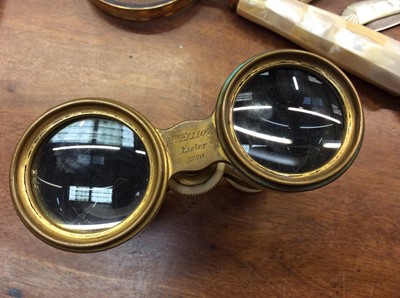 Lot 465 - Pair of late Victorian ivory and brass opera glasses engraved 'Mrs Elliot, Exeter 1880', brass cased carriage clock, silver and mother of pearl fruit knife, treen shoe and other items
