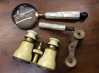 Lot 465 - Pair of late Victorian ivory and brass opera glasses engraved 'Mrs Elliot, Exeter 1880', brass cased carriage clock, silver and mother of pearl fruit knife, treen shoe and other items