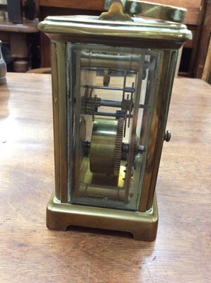 Lot 465 - Pair of late Victorian ivory and brass opera glasses engraved 'Mrs Elliot, Exeter 1880', brass cased carriage clock, silver and mother of pearl fruit knife, treen shoe and other items