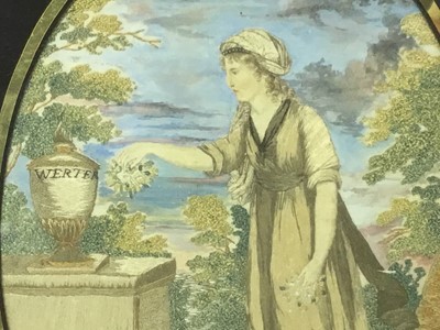 Lot 43 - Georgian oval silkwork panel - classical lady in landscape, in verre eglomise gilt frame