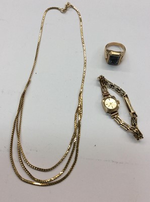 Lot 683 - 9ct gold necklace, ladies 9ct gold Accurist wristwatch and 9ct gold and onyx signet ring