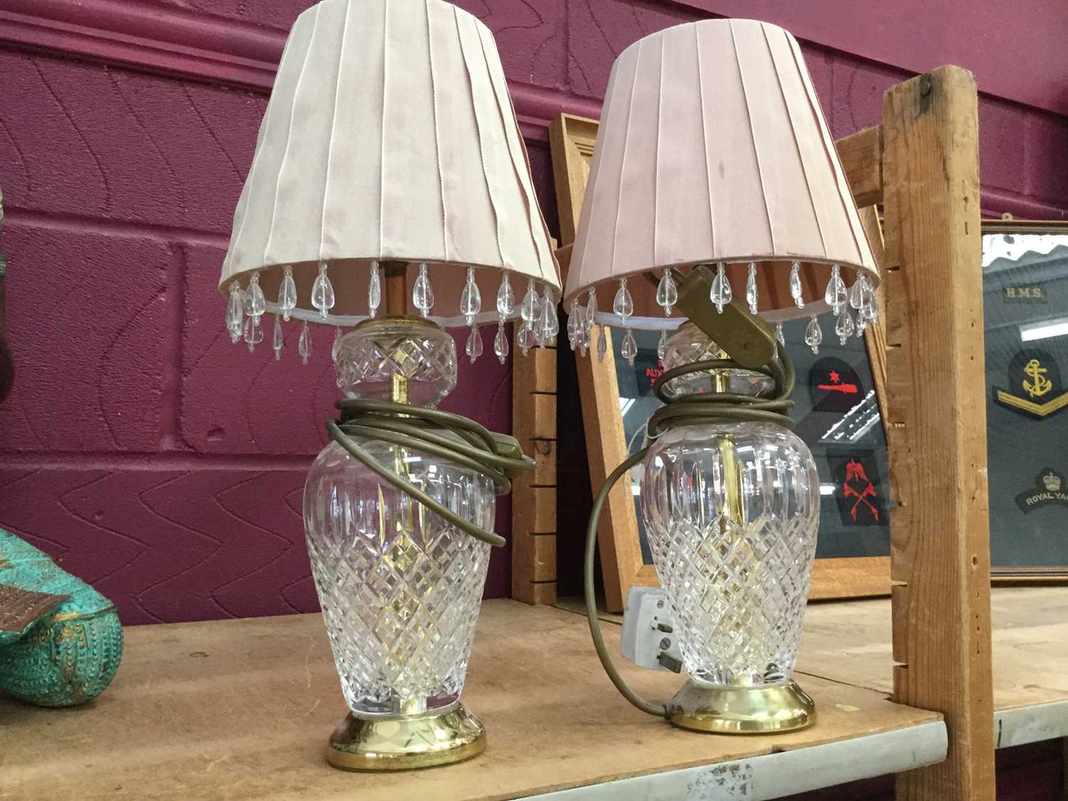 Lot 94 - Good quality pair of cut glass table lamps with shades