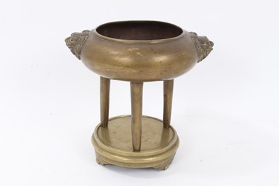 Lot 168 - 19th century Chinese bronze tripod censer on stand, with lion mask handles