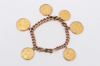 Lot 93 - Rose gold link bracelet with three gold sovereigns, two gold half sovereigns and one gold Austrian ducat