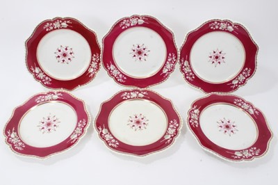 Lot 684 - Set of six early 19th Century English porcelain plates, possibly by Flight, Barr and Barr, with gadrooned borders and floral and gilt decoration, each 26.5cm in diameter