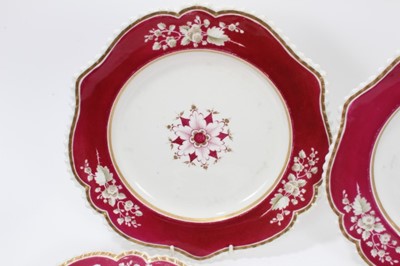 Lot 29 - Set of six early 19th Century English porcelain plates, possibly by Flight, Barr and Barr, with gadrooned borders and floral and gilt decoration, each 26.5cm in diameter