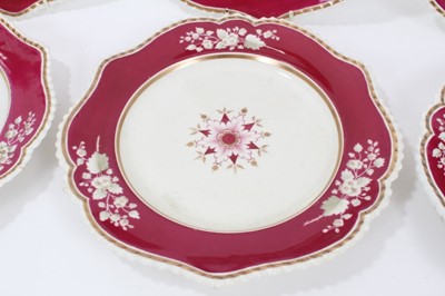 Lot 29 - Set of six early 19th Century English porcelain plates, possibly by Flight, Barr and Barr, with gadrooned borders and floral and gilt decoration, each 26.5cm in diameter