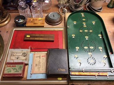 Lot 412 - Vintage games, Confederate share certificates, postcards, New Zealand specimen wood box, pair decanters, barometer etc