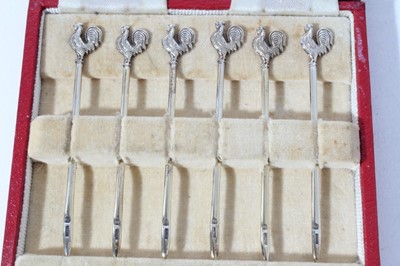 Lot 69 - Set of six Contemporary silver cocktail sticks with cockerel terminals, in fitted case (Birmingham 1963), maker Adie Brothers Ltd, each 7.5cm in length