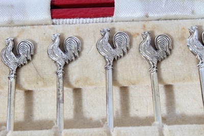 Lot 69 - Set of six Contemporary silver cocktail sticks with cockerel terminals, in fitted case (Birmingham 1963), maker Adie Brothers Ltd, each 7.5cm in length
