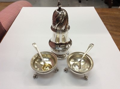 Lot 662 - Silver sugar caster, pair silver salts with salt spoons