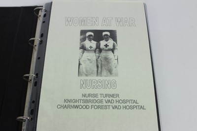 Lot 1059 - WW1 autograph album belonging to Nurse Turner, Knightsbridge and Charnwood Forest VAD hospitals. Verses, sketches, letters photographs and postcards.  The pages have been separated and contained in...