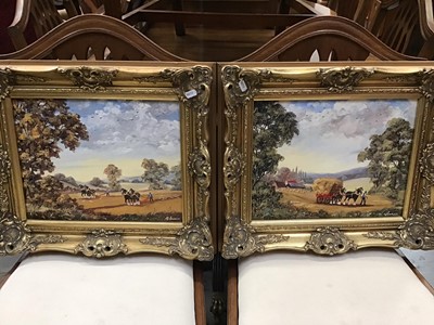 Lot 522 - Pair of decorative oils of plough Horses together with another of a marine scene (3)