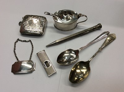 Lot 672 - Large late Victorian silver vesta case, and other silver items including cigar cutter, mustard pot, wine label, plated pencil and two plated spoons