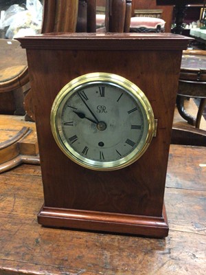 Lot 228 - George V mantel clock with King George V royal GR cypher, circular silvered dial with brass bezel in mahogany case