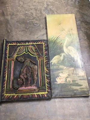 Lot 481 - Oil painting of two cranes signed and dated 1910, and an old carved Eastern door panel