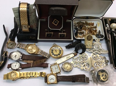 Lot 669 - Various wristwatches including vintage Timex, silver and mother of pearl fruit knife, cufflinks, hat pins and bijouterie