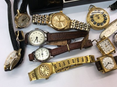 Lot 669 - Various wristwatches including vintage Timex, silver and mother of pearl fruit knife, cufflinks, hat pins and bijouterie