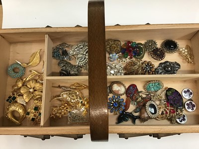 Lot 118 - Large collection vintage brooches within wooden cantilever sewing box