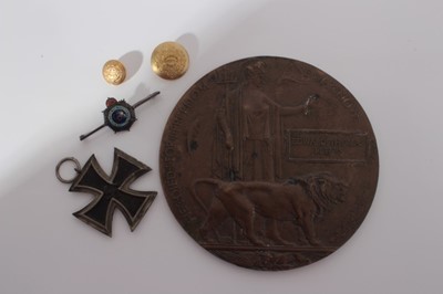 Lot 249 - First World War memorial (Death) plaque named to Edward Thomas Peters, together with a Second World War Iron Cross (2nd class) and other military badges
