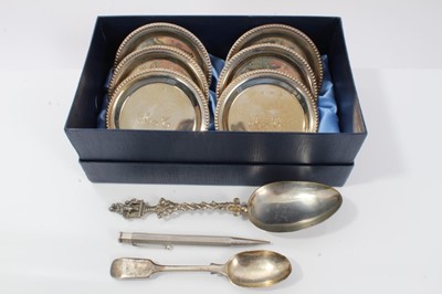 Lot 103 - Set six silver coasters, silver pencil and two silver spoons