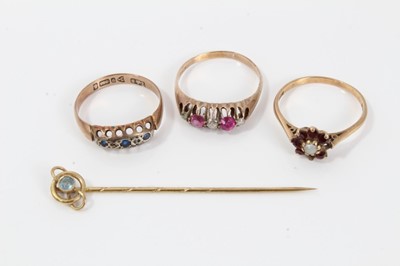 Lot 111 - Three gold gem set dress rings and Victorian 9ct gold stick pin
