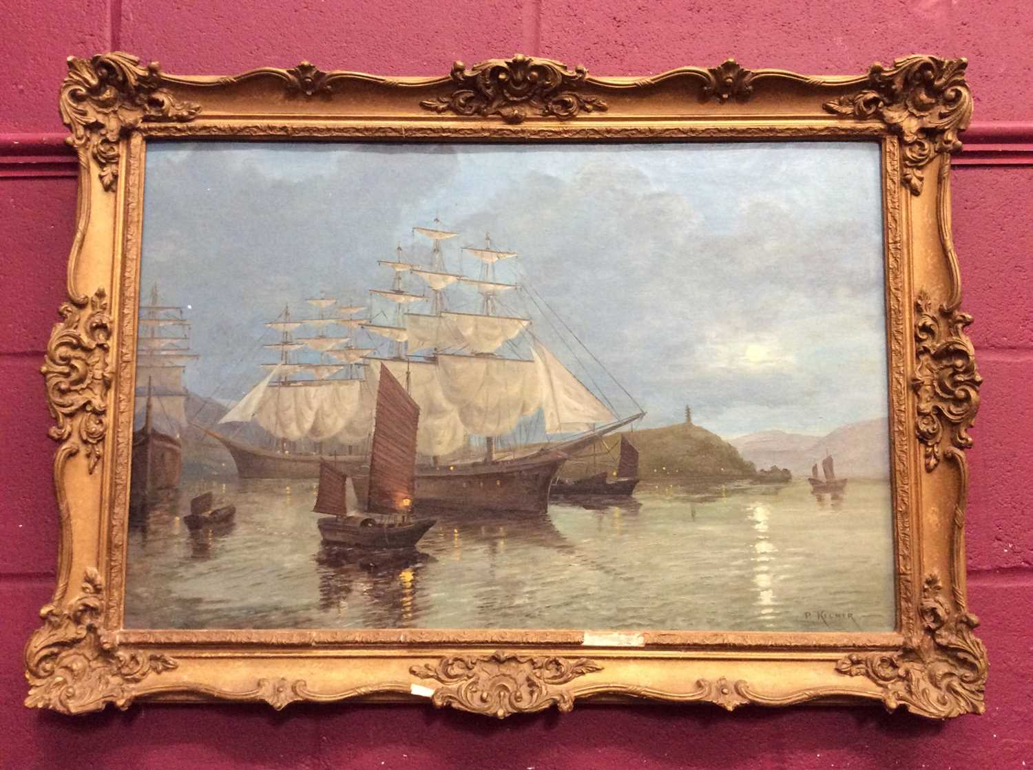 Lot 336 - P Kilner signed oil on canvas of a clipper and other boats in a bay