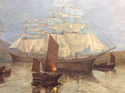 Lot 336 - P Kilner signed oil on canvas of a clipper and other boats in a bay