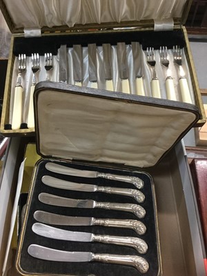 Lot 740 - Cased set of silver handled knives, cased Mappin and Webb silver-plated and mother of pearl knives and forks, and other cutlery