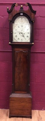 Lot 903 - Good George III Mahogany longcase clock, fine quality mahogany case with swan neck pediment to hood, painted dial decorated with classical urn to arch