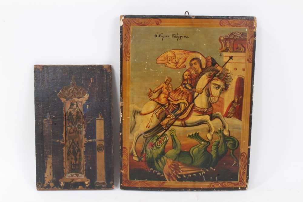 Lot 282 - 19th Greek icon of St George and the Dragon and a religious icon