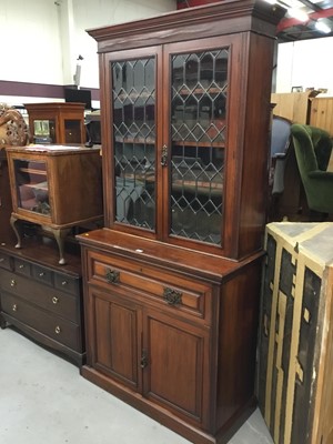 Lot 891 - Late Victorian walnut bureau bookcase with leaded glazed doors enclosing adjustable shelves , fitted secretarie drawer and two panelled doors below 217 cm high, 105cm wide, 47.5 cm deep