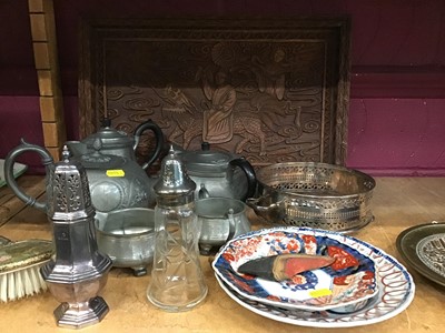 Lot 528 - Sundry items, including a carved Chinese carved wooden tray and silk shoe, Japanese Imari dishes, pewter and silver plate