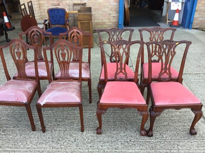 Lot 939 - Set of four Reproduction Chippendale style dining chairs on claw and ball feet with pink velvet upholstery together with four similar chairs (8 chairs)