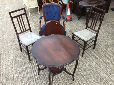 Lot 1034 - Pair of Edwardian inlaid bedroom chairs together with a French style arm chair with blue velvet upholstery and a small tilt top table (4 items)