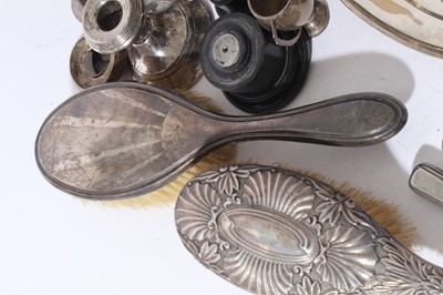 Lot 162 - Group of Georgian and later silver to include flatware, miniature trophies, candlesticks, silver mounted sauce bottle, napkin rings and other silver and white metal items, (various dates and makers)