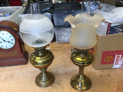 Lot 269 - Two Victorian brass oil lamps with frosted glass shades (2)