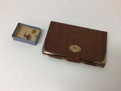 Lot 130 - Gold mounted crocodile skin wallet with pencil, three 18ct studs and yellow metal cuff links