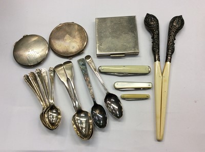 Lot 713 - Two Art Deco silver compacts, silver teaspoons, other silver and plate