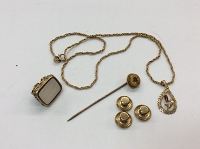 Lot 696 - 9ct gold pendant on chain, three 9ct gold studs, Victorian 9ct gold stick pin and seal fob