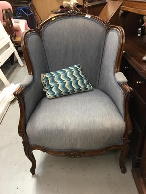 Lot 910 - Late 19th century carved mahogany framed tub chair with blue upholstery on carved cabriole legs