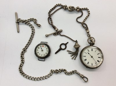 Lot 706 - Silver cased fob watch with fob chain, one other Albert chain and silver cased watch